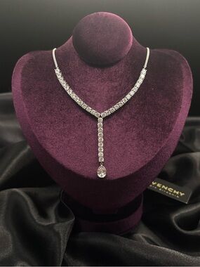 NWT Givenchy Crystal Y Necklace Silver Rhinestone Drop Statement